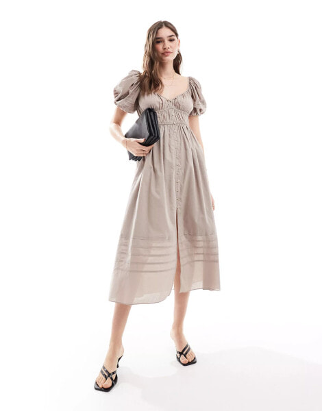 & Other Stories midi dress with puff sleeves and ruche and pleat detail in light taupe