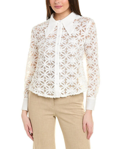 Gracia Crisscross Flower Pattern Sheer Shirt Women's White S