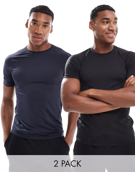 ASOS 4505 Icon muscle fit training t-shirt 2 pack with quick dry in black and navy