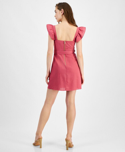 Juniors' Flutter-Sleeve Belted Mini Dress