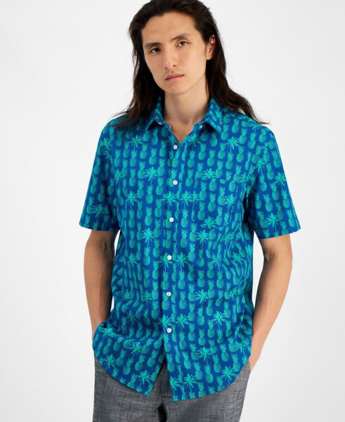 Men's Pineapple Shade Regular-Fit Stretch Tropical-Print Button-Down Poplin Shirt, Created for Macy's