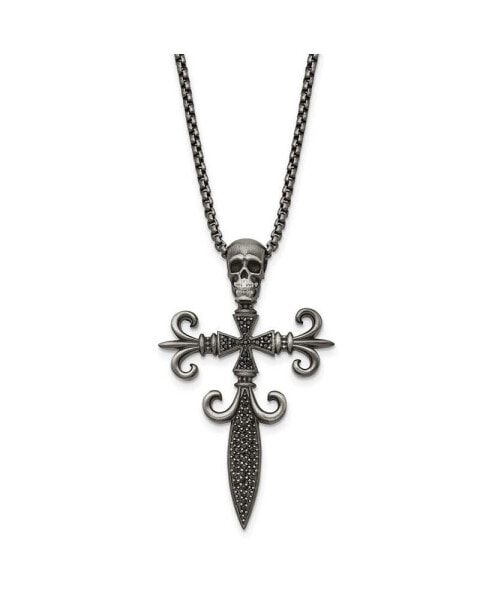 Antique White Bronze-plated CZ Cross Skull Pendant Necklace