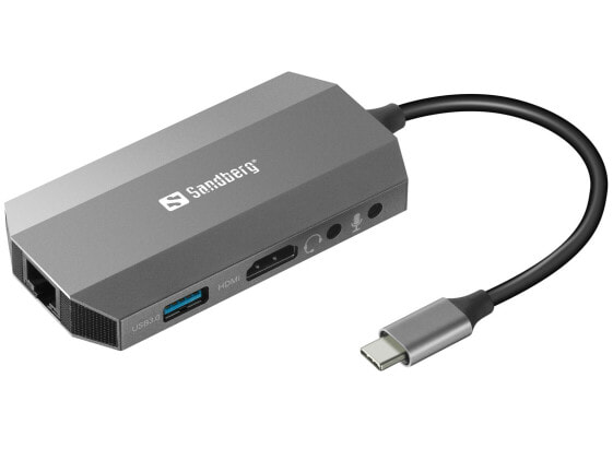 SANDBERG USB-C 6in1 Travel Dock - Wired - USB 3.2 Gen 1 (3.1 Gen 1) Type-C - 100 W - 10,100,1000 Mbit/s - Grey - MMC - MicroSD (TransFlash) - SD - SDHC - SDXC