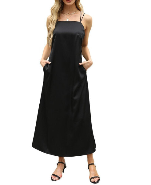 Women's Black Square Neck Dual Strap Maxi Beach Dress