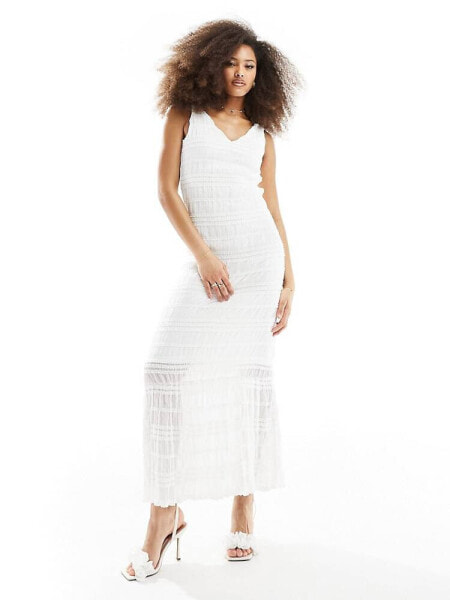 Vila textured shirred maxi dress in white