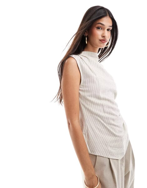 ASOS DESIGN drape high neck asymmetric linen top in natural stripe