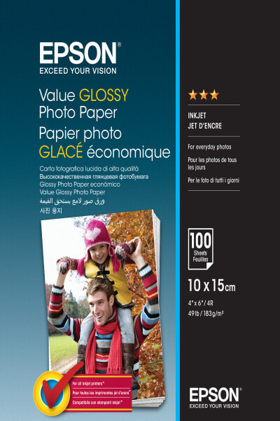 Epson Value Glossy Photo Paper - 10x15cm - 100 sheets - Gloss - 183 g/m² - 10x15 cm - Office printing - Calendar - Photo collage - Photo gifts - Photo - Cards and gift wraps - Seasonal... - 100 sheets - - Expression Premium XP-900 - Expression Premium XP-830 -