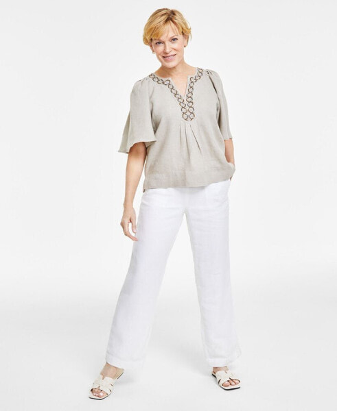 Women's 100% Linen Embellished Split-Neck Top, Created for Macy's