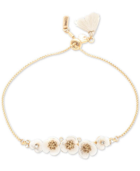 Gold-Tone Crystal & Imitation Mother-of-Pearl Flower Slider Bracelet
