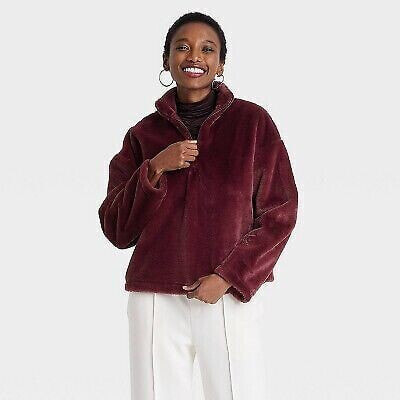 Women's Faux Fur Quarter Zip Sweatshirt - A New Day Burgundy S