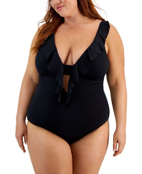 Trendy Plus Size Color Code Ruffled One-Piece Swimsuit