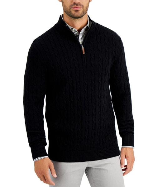 Men's Cable Knit Quarter-Zip Cotton Sweater, Created for Macy's