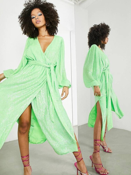 ASOS EDITION crystal sequin wrap midi dress with blouson sleeve in lime green