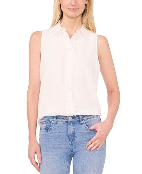 Women's Sleeveless Scallop Detail Button Down Blouse