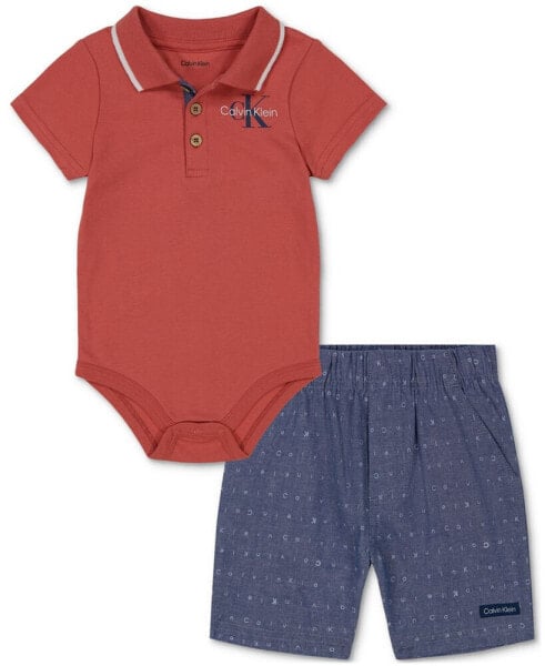 Baby Boys Tipped Polo Bodysuit & Printed Chambray Shorts, 2 Piece Set