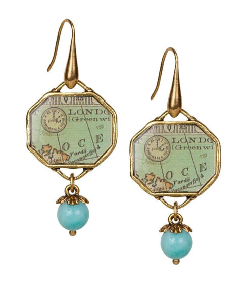 Gold-Tone Octagonal Map & Bead Drop Earrings