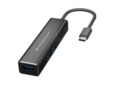Conceptronic DONN 3-Port USB Hub with Card Readers - USB 3.2 Gen 1 (3.1 Gen 1) Type-C - Black - MicroSD (TransFlash) - SD - SDHC - SDXC - USB 3.2 Gen 1 (3.1 Gen 1) Type-A - Aluminium - China