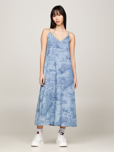 Tropical Laser Print Chambray Maxi Dress