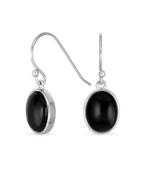 Classic Elegant Black Onyx Bezel Set Oval Cabochon Gemstone Drop Earrings For Women .925 Sterling Silver Wire Fish Hook