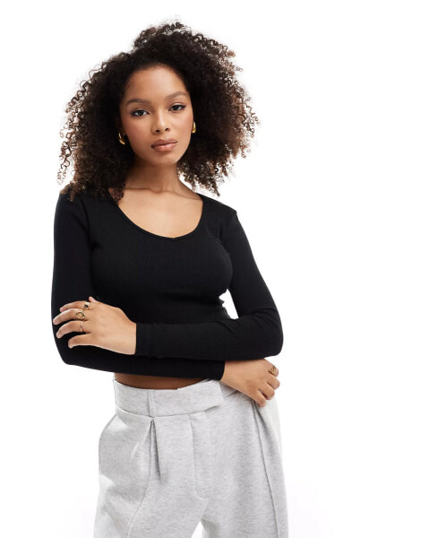 ONLY v-neck ribbed long sleeve top in black