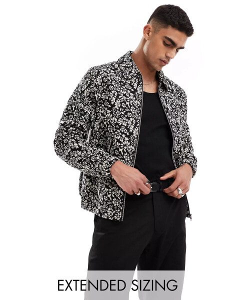 ASOS DESIGN harrington jacket with jacquard print in black and white