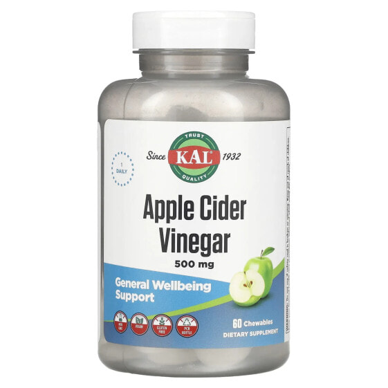 KAL, Яблочный уксус, зеленое яблоко, 500 мг, 60 жевательных таблеток
