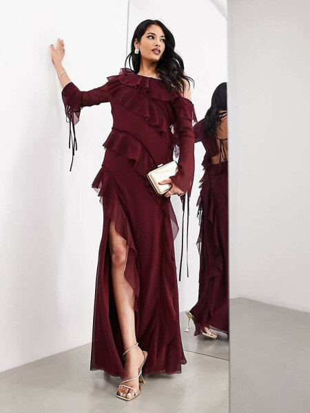 ASOS EDITION off shoulder asymmetric frill detail maxi dress in burgundy