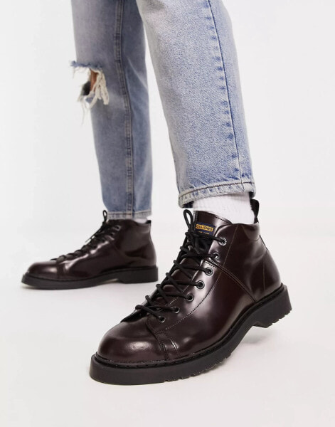 Jack & Jones leather lace up boot in burgundy