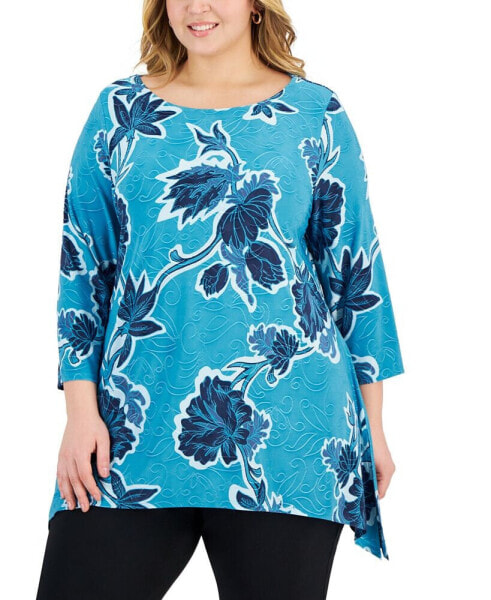 Plus Size Floral-Print Jacquard Swing Top, Created for Macy's