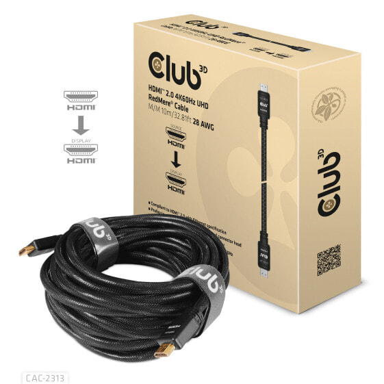 Club 3D HDMI 2.0 4K60Hz RedMere cable 10m/32.8ft - 10 m - HDMI Type A (Standard) - HDMI Type A (Standard) - 3D - 18 Gbit/s - Black