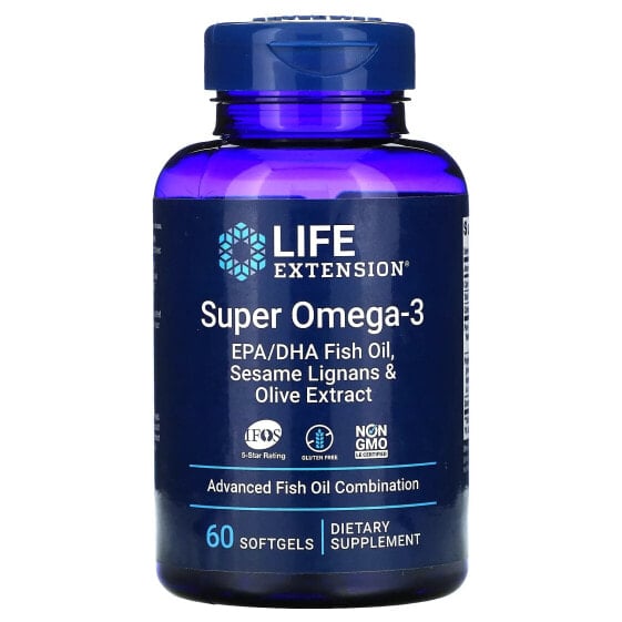 Энергетические добавки Рыбий жир и Омега 3, 6, 9 Life Extension Super Omega-3, EPA/DHA с экстрактом оливы и линз сезама, 120 капсул
