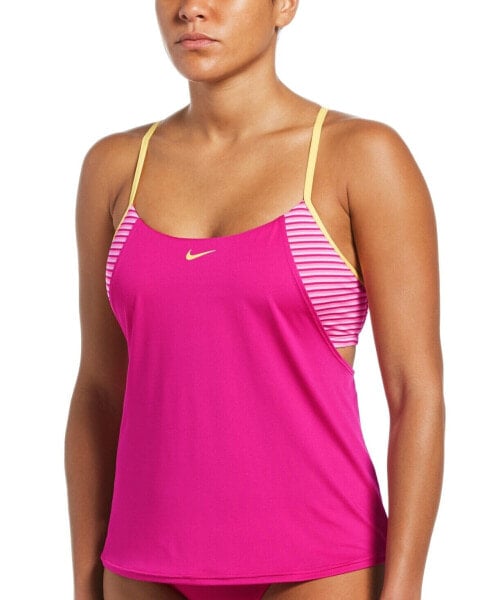 Nike 276802 Micro-Stripe Layered Tankini Top Women's Swimsuit, MD, Fireberry