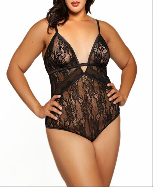 Plus Size Camellia all Over Lace and Fine Mesh Lingerie Teddy
