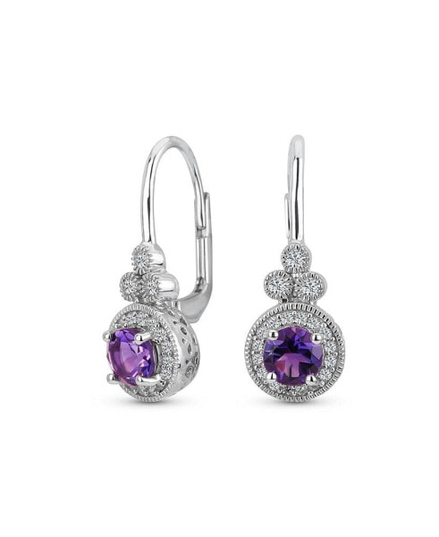 Classic Art Deco Style Purple Synthetic Amethyst Halo Circle Circlet Rosette Solitaire Drop Earrings For Women Sterling Silver