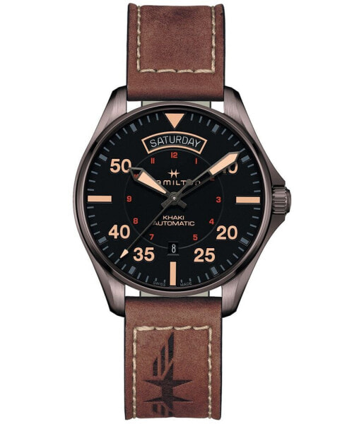 Men's Swiss Automatic Khaki Pilot Brown Leather Strap Watch 42mm