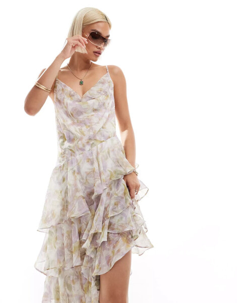 Labelrail x Olivia Grace Herring watercolour floral ruffle midi dress in multi