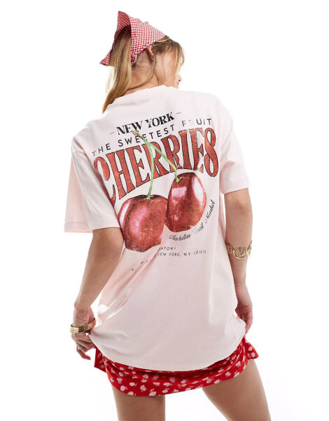 Miss Selfridge cherry back print oversized t-shirt in pink