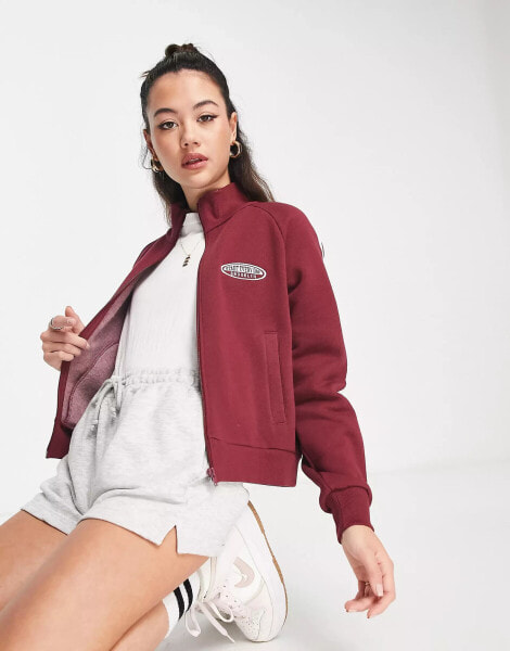 Pull&Bear zip up sweater with slogan detail in red