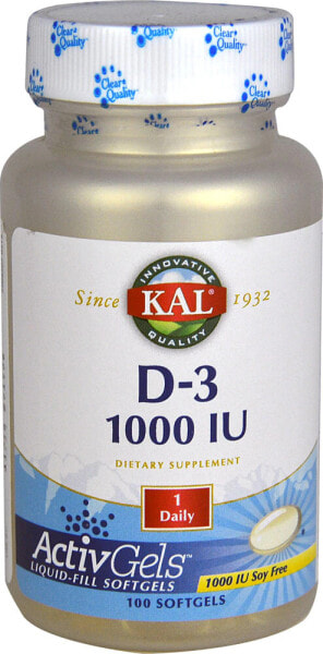 KAL D-3 -- 1000 IU - 100 Softgels  Витамин  D-3 - 1000 МЕ - 100 гелевых капсул