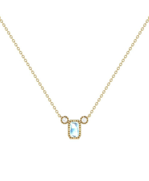 Emerald Cut Aquamarine Gemstone, Natural Diamond 14K Yellow Gold Birthstone Necklace