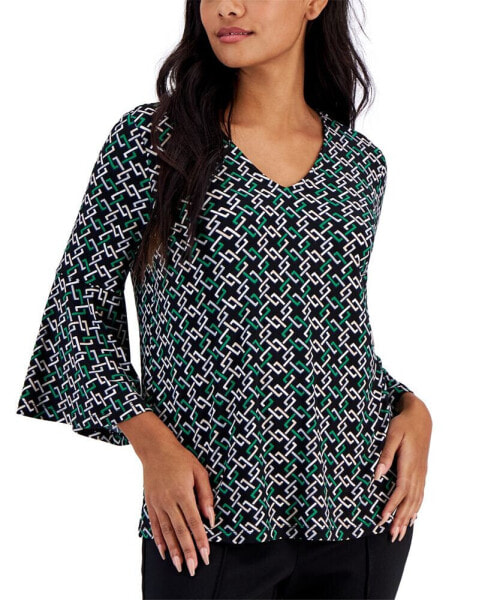 Petite Printed V-Neck Bell-Sleeve Top