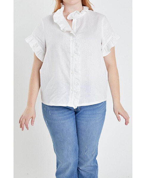 Women's Plus Size Linen Ruffle Shirt