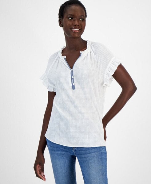 Women's Cotton Ruffled Raglan-Sleeve Top