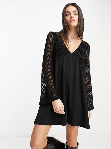 ASOS DESIGN long sleeve v neck crochet mini dress in black