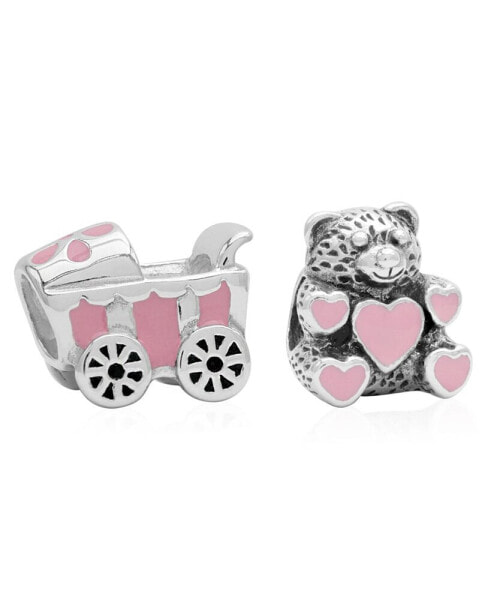 Children's Enamel Stroller Teddy Bear Bead Charms - Set of 2 in Sterling Silver