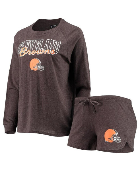 Women's Brown Cleveland Browns Meter Knit Long Sleeve Raglan Top and Shorts Sleep Set