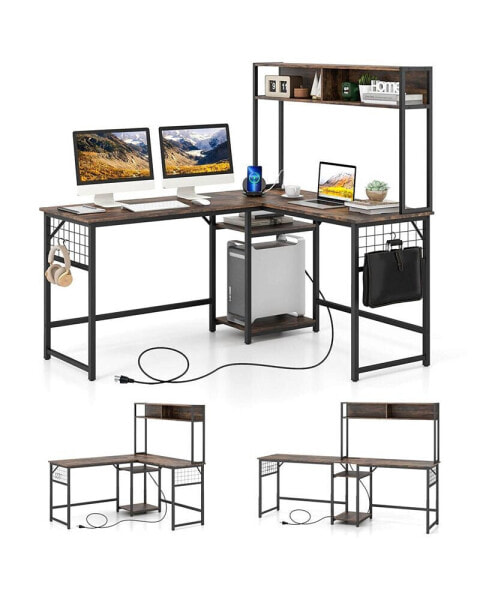 L-shaped Desk with Power Outlet Large Corner Desk Converts to 2-Person Long Desk Rustic