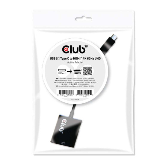 Club 3D USB 3.1 Type C to HDMI 2.0 UHD 4K 60Hz Active Adapter, USB 3.1 Type C, HDMI 2.0, 0.15 m, Black