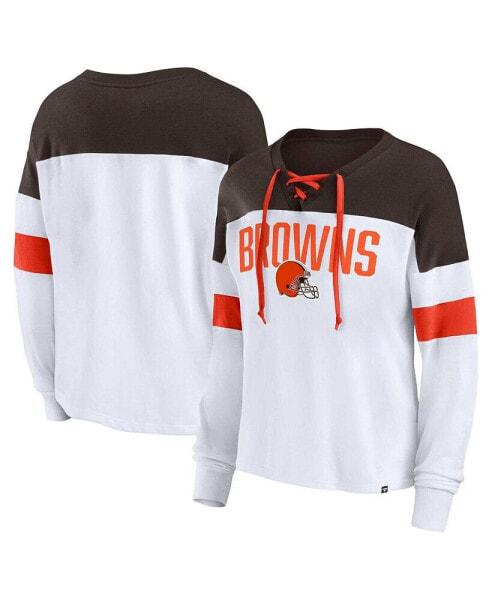 Туника женская Fanatics белая коричневая Cleveland Browns Plus Size Even Match Lace-Up с длинным рукавом и V-образным вырезом.