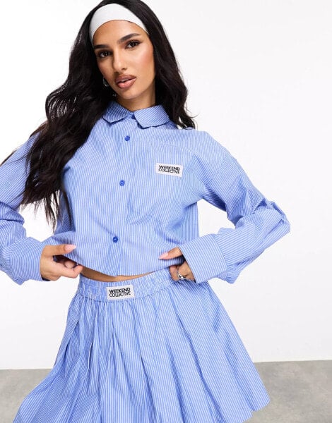 ASOS DESIGN Weekend Collective co-ord cropped shirt with woven label in blue stripe